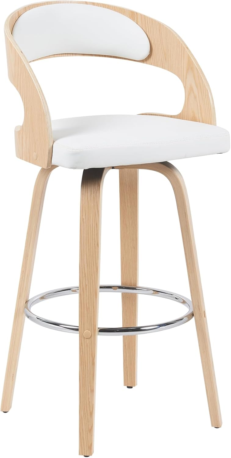 Shelly Modern Bar Height Swivel Stool in Patterned Oak Finish with White Faux Leather Upholstered Seat Set of 4