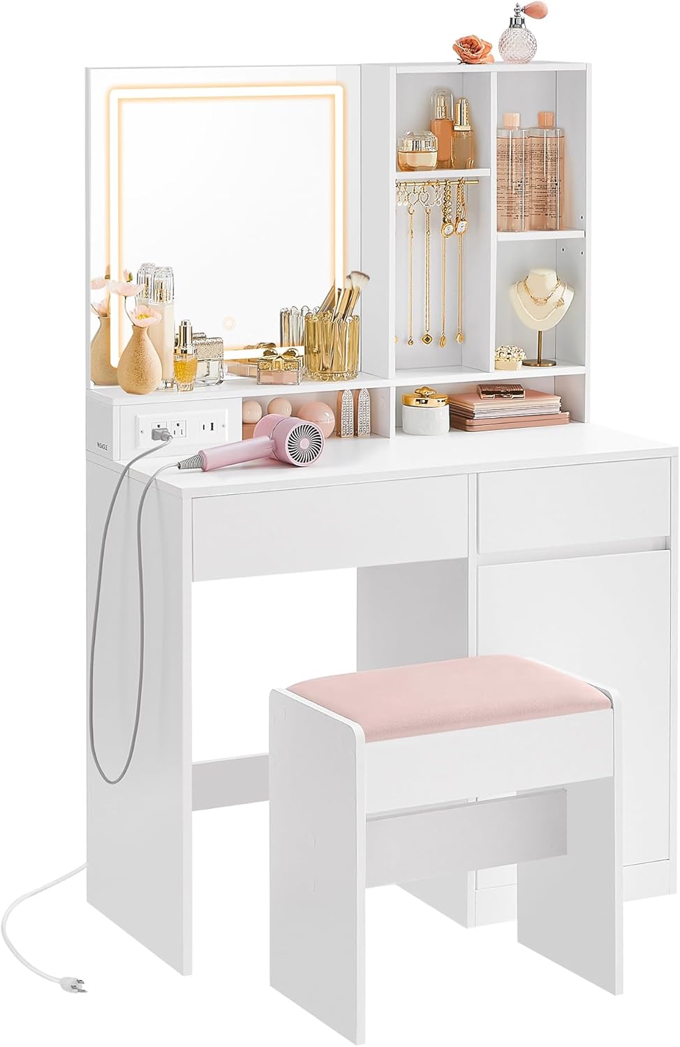 VASAGLE Vanity Desk with Mirror and Lights, Power Outlets, Vanity Table Set with Stool, Drawers, 35.4-Inch Wide Makeup Vanity, Jewelry Storage, Adjustable Shelves, for Bedroom, Cloud White URDT132W02
