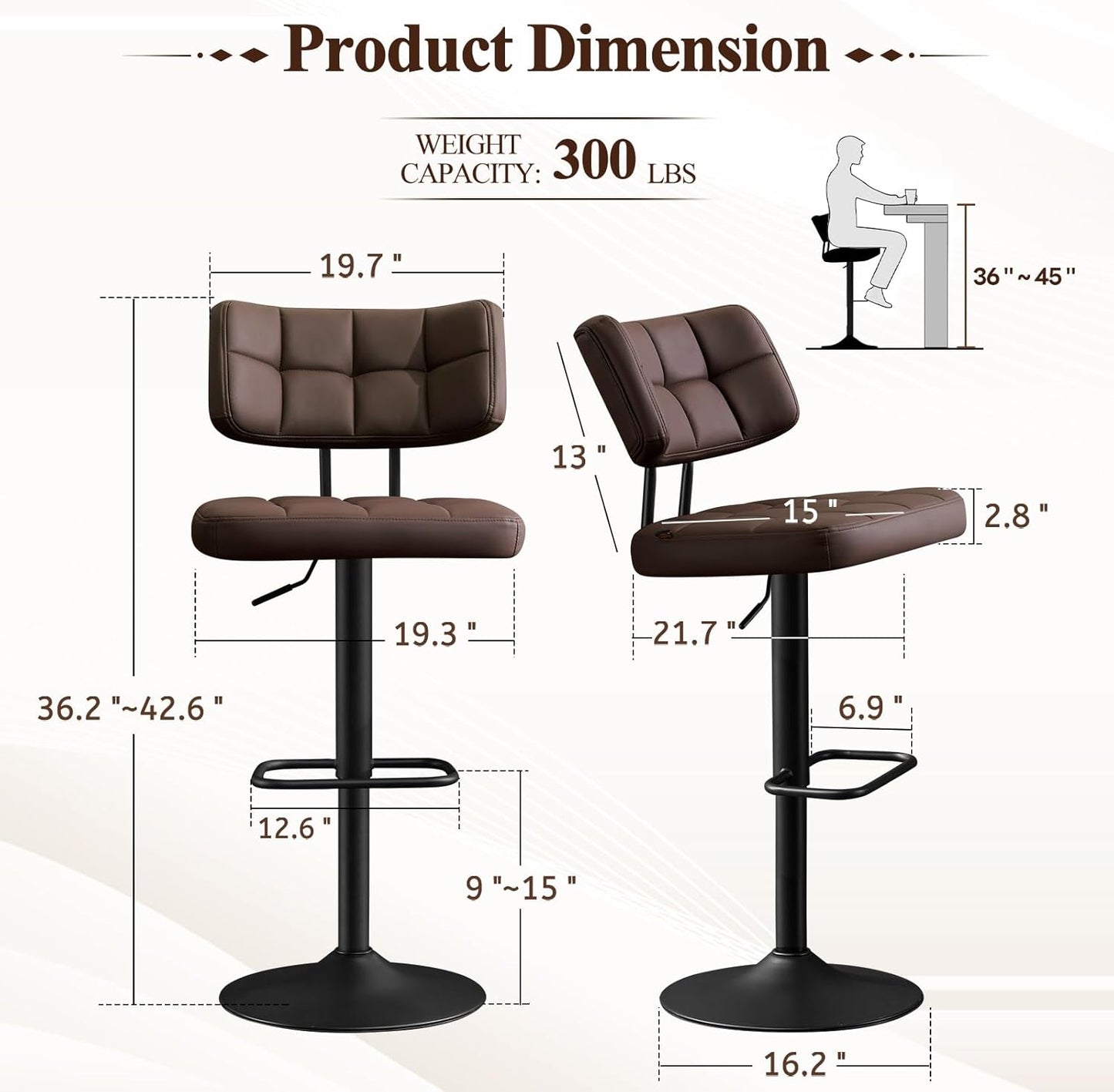 Furniliving Modern Bar Stools Set of 2 Faux Leather, Upholstered Swivel Barstools with Back, Adjustable Bar Chairs Counter Height for Kitchen Island, Dining Space, Brown