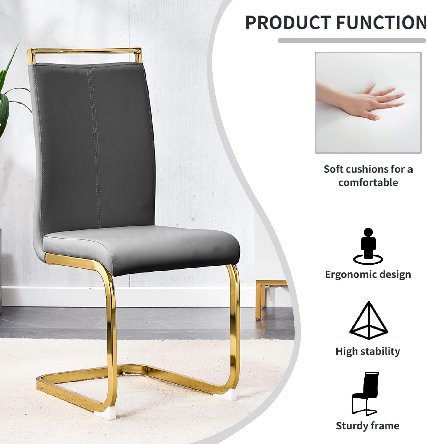 Modern Dining Chairs Set of 6,High Back Grey Kitchen Chairs,Faux Leather Side Chair with Gold Plated Metal Legs,Easy to Clean Upholstered Dining Chairs,Ideal for Living Room(Gold Leg)