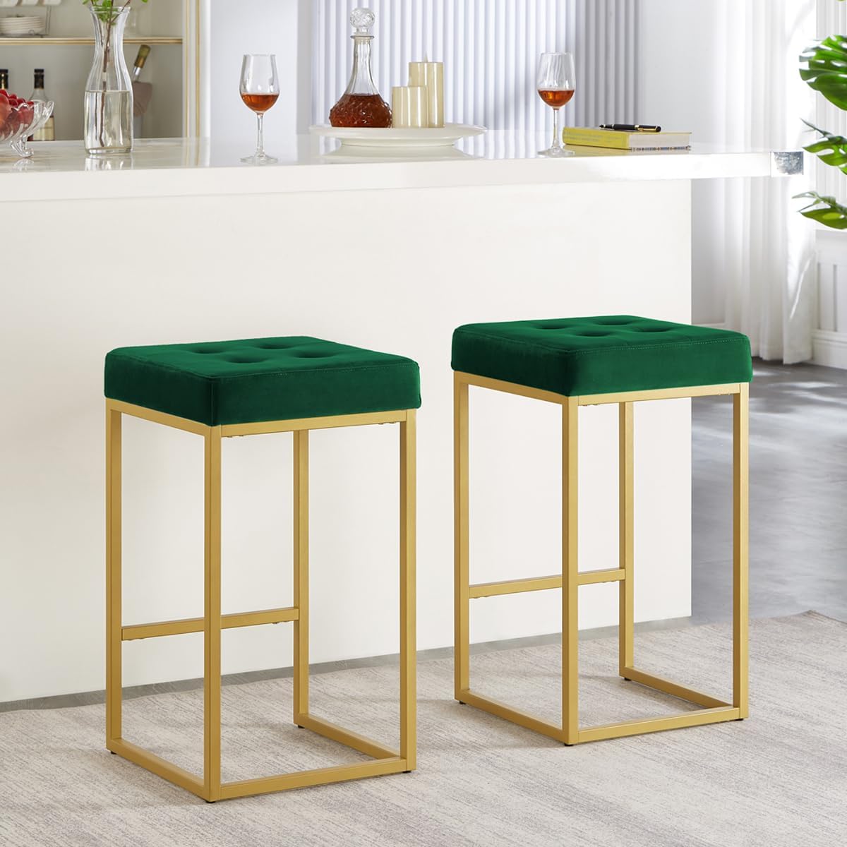 24KF Contemporary Counter Height Bar Stool Set of 2 for Kitchen Island, 26" H Velvet Padded Gold Barstool Bar Chair,5066-Jade
