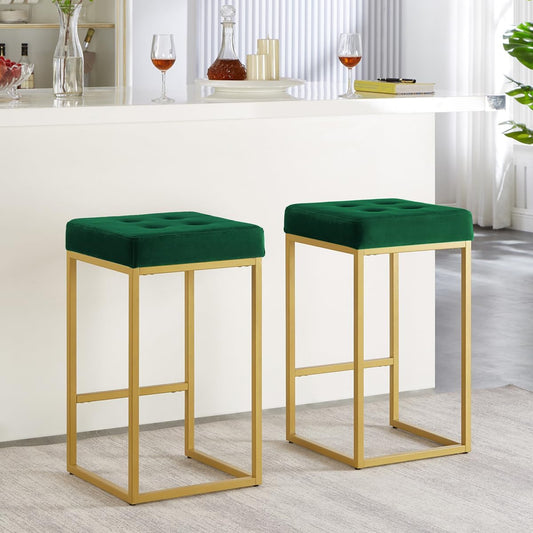 24KF Contemporary Counter Height Bar Stool Set of 2 for Kitchen Island, 26" H Velvet Padded Gold Barstool Bar Chair,5066-Jade