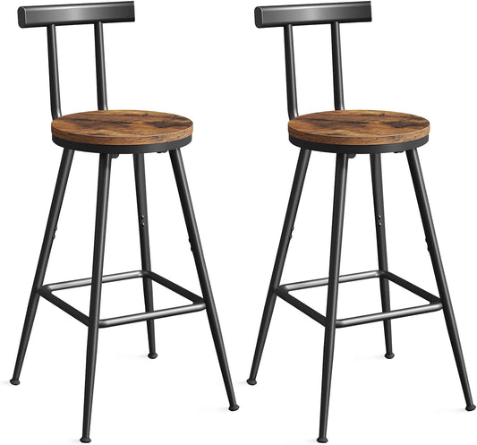 Bar Stools, Set of 2 Bar Chairs with Backrest and Footrest, 26" Tall Counter Stools, Metal Frame, Adjustable Feet, Easy Assembly, for Kitchen, Living Room, Pub, Rustic Brown BAHR6001