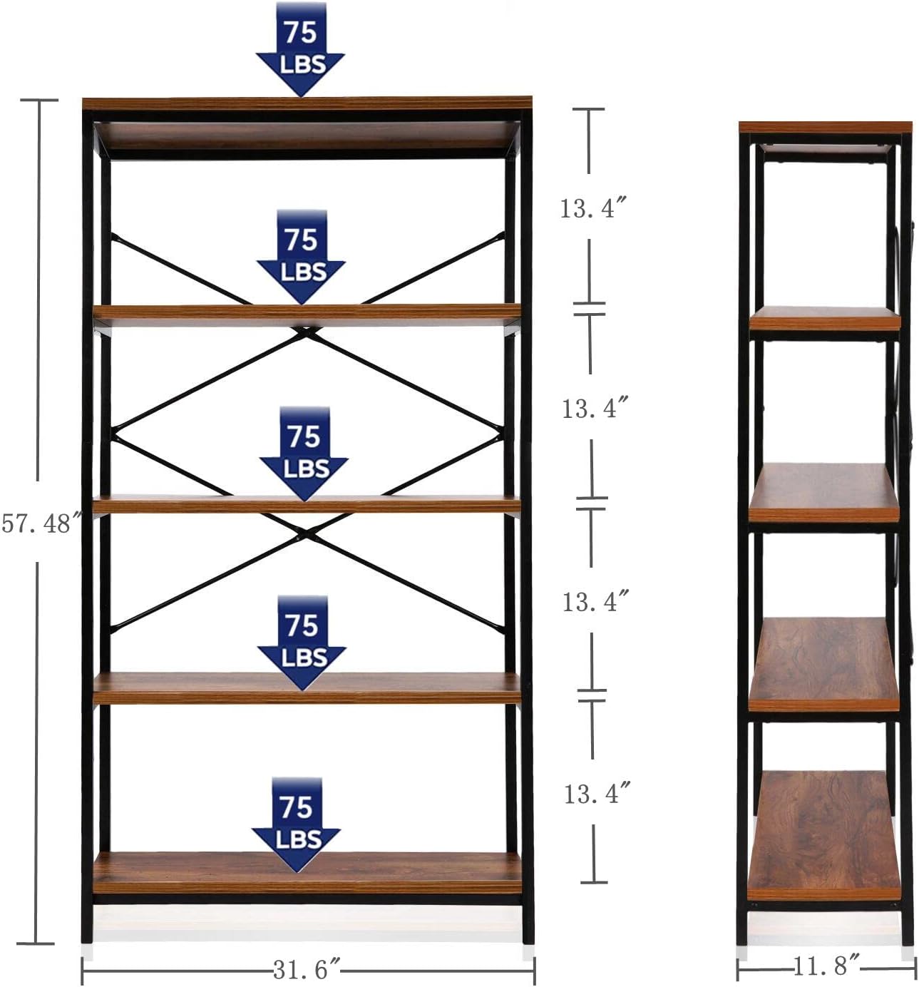 Himimi Industrial Bookshelf 5-Tier, Bookcase 58" H Ladder Shelf, Storage Shelves Rack Shelf Unit, Accent Furniture Metal Frame, Home Office Furniture for Bathroom, Living Room, Vintage Brown