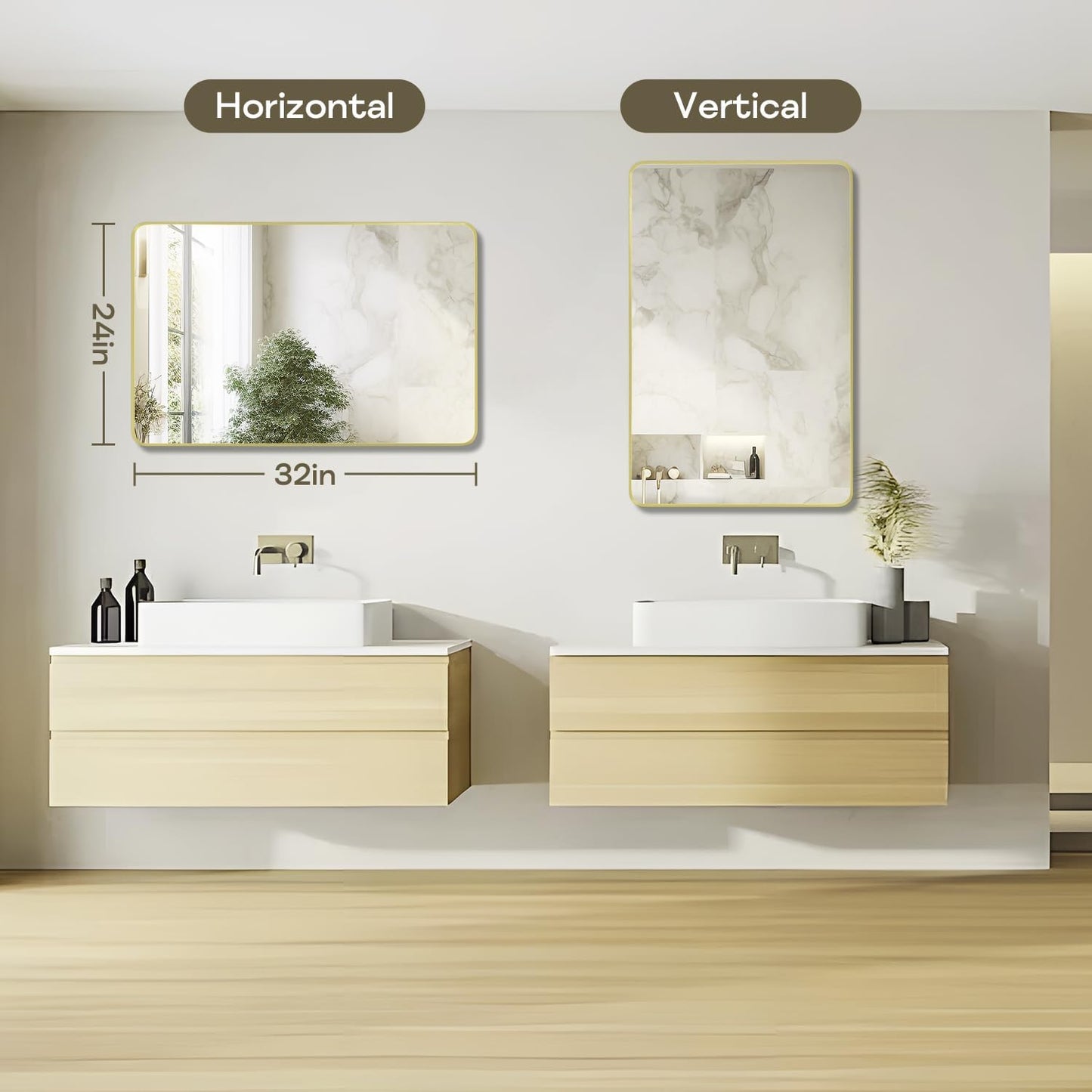 Gold Framed Bathroom Mirror, Brushed Gold Bathroom Vanity Wall Mirror, Rounded Rectangle Gold Frame Mirror, Tempered Glass, Anti-Rust, Hangs Horizontally or Vertically (24" x 32", Gold)