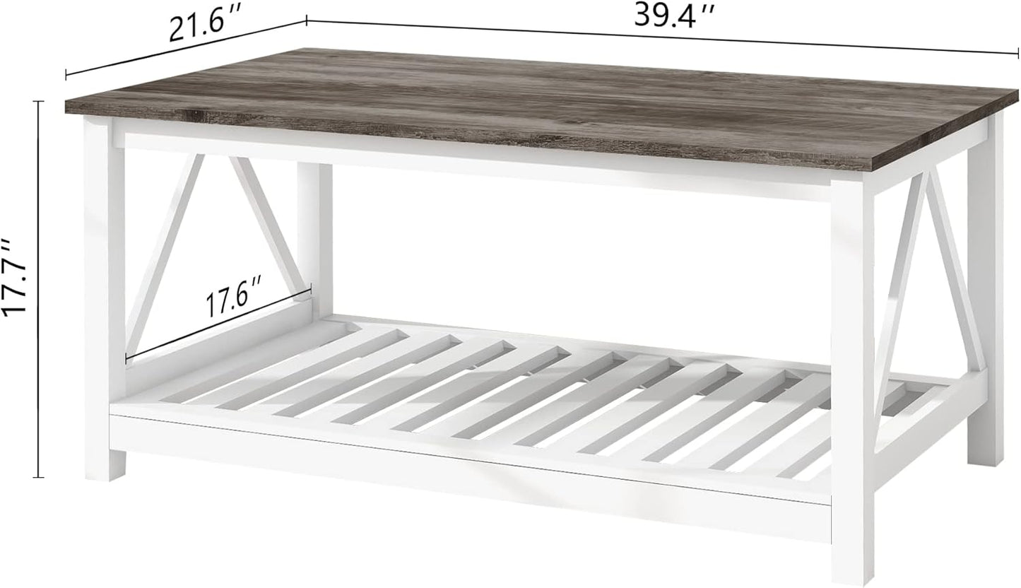 Farmhouse Coffee Table for Living Room, 2-Tier Rectangular Wooden Centre Cocktail Table with Slats Shelf Storage and V-Shaped Frame, Oak Grey