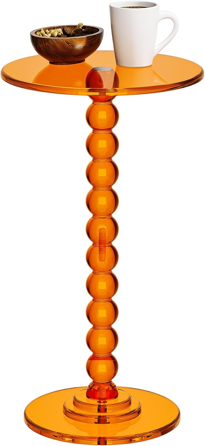 Acrylic Side Table, End Table Round Top with Solid Post for Living Room, Bedroom, Balcony, Easy Assembly (Clear) (Pedestal, Orange)