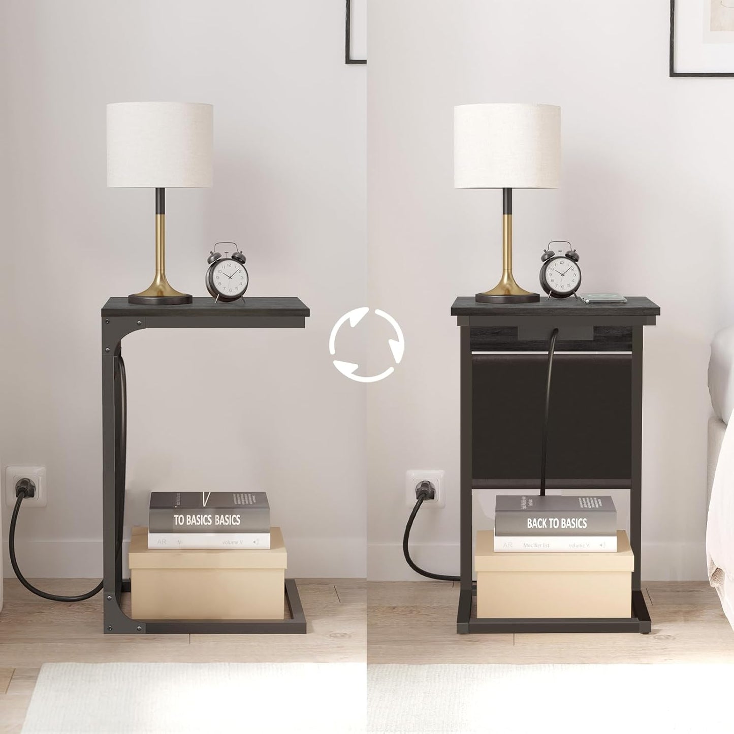 TUTOTAK C Shaped End Table with Charging Station, Side Table for Sofa, Couch Table with Storage Bag, TV Tray Table with 2 USB Ports and Outlets for Living Room, Bedroom, TB01BY024