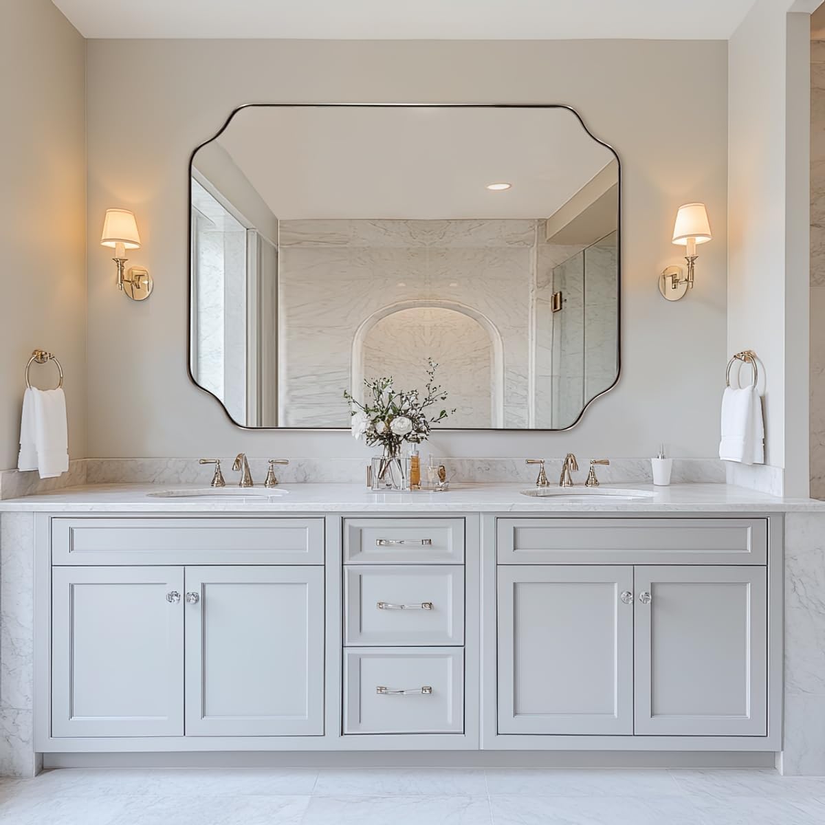 ANDY STAR Brushed Nickel Mirror 30x40 Inch, Rectangle Bathroom Mirror for Wall, Large Scalloped Wall Mirror in Anti-Rust Stainless Steel Metal 1’’ Frame, Wall Mounts Horizontally or Vertically