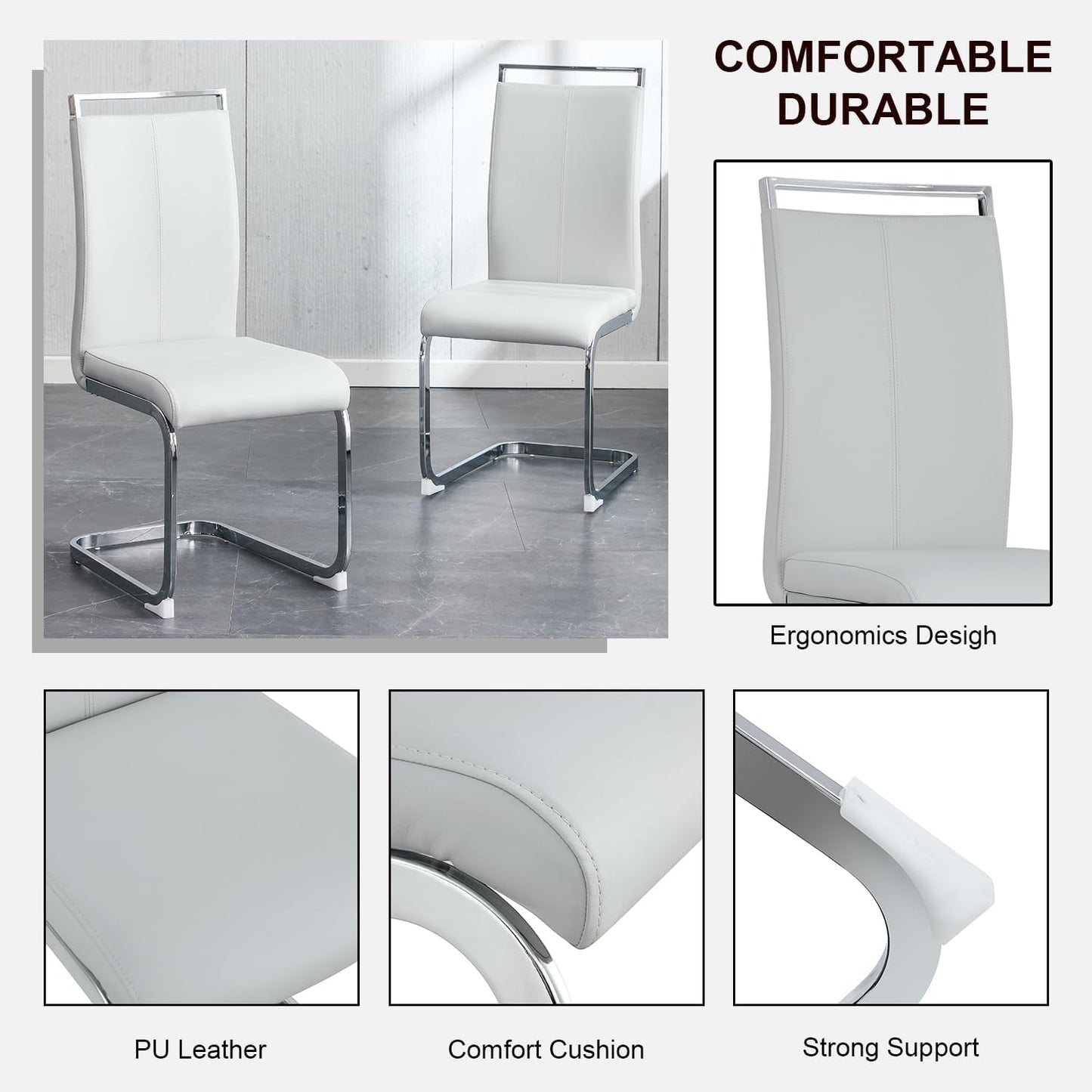 Dining Chairs Set, Kitchen Modern Metal Chairs with Faux Leather Padded Seat High Back and Sturdy Chrome Legs, Chairs for Dining Room (Light Gray, Set of 2)