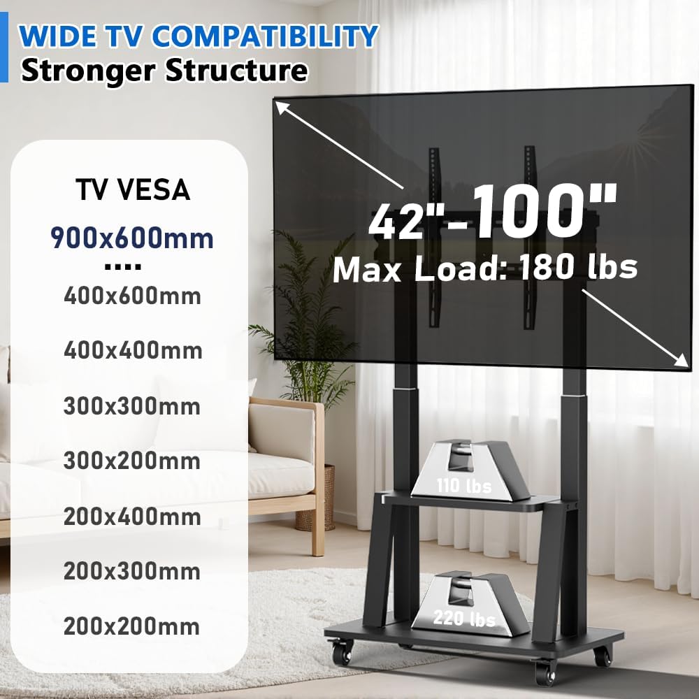 Mobile TV Cart Rolling TV Stand for 42 to 55 65 70 75 85 86 90 100 inch Television Heavy Duty Portable TV Stand on Wheels, Height Adjustment, Holds Up to 180 LBS, Vesa 200×200-900×600mm