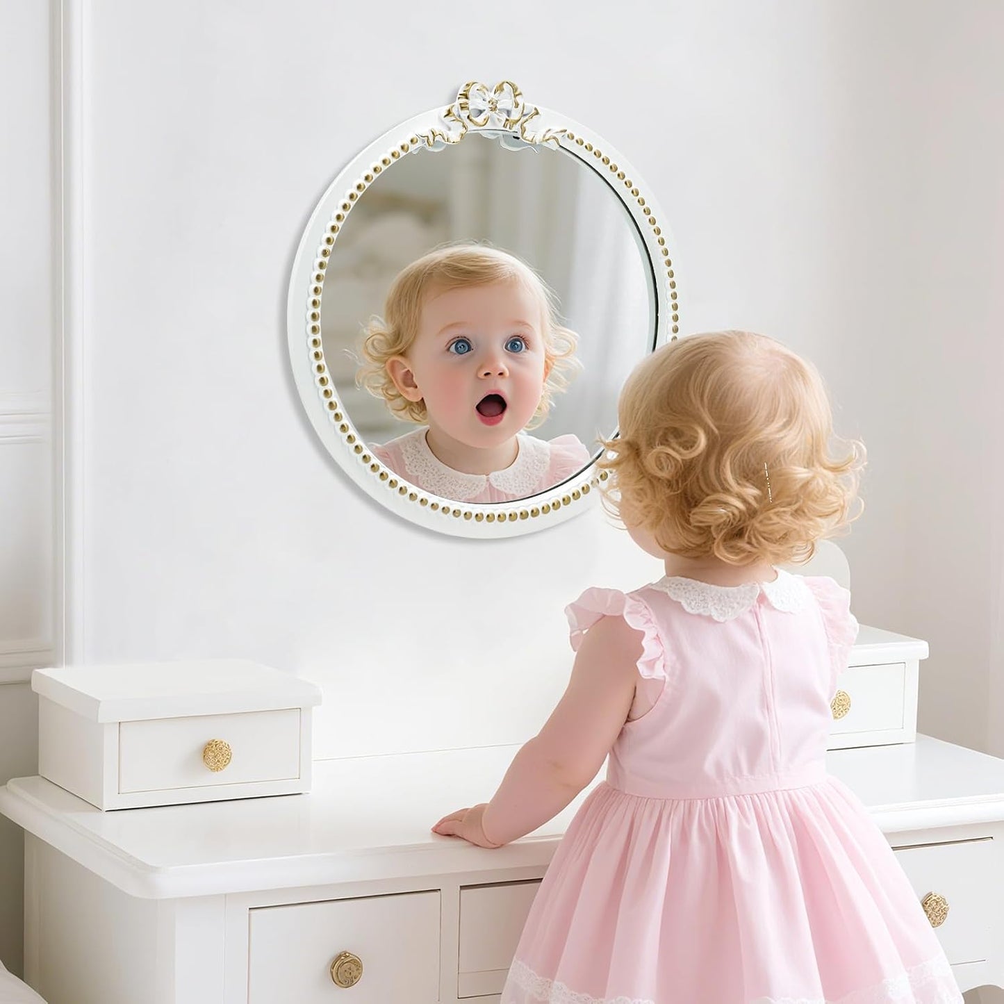 Vintage Round Wall Mirror 11.8inch Small Farmhouse Wooden Vanity Mirror for Wall Decor, Decorative Antique White Nursery Mirrors, Traditional Art Home Bow Decor for Living Room,Bedroom