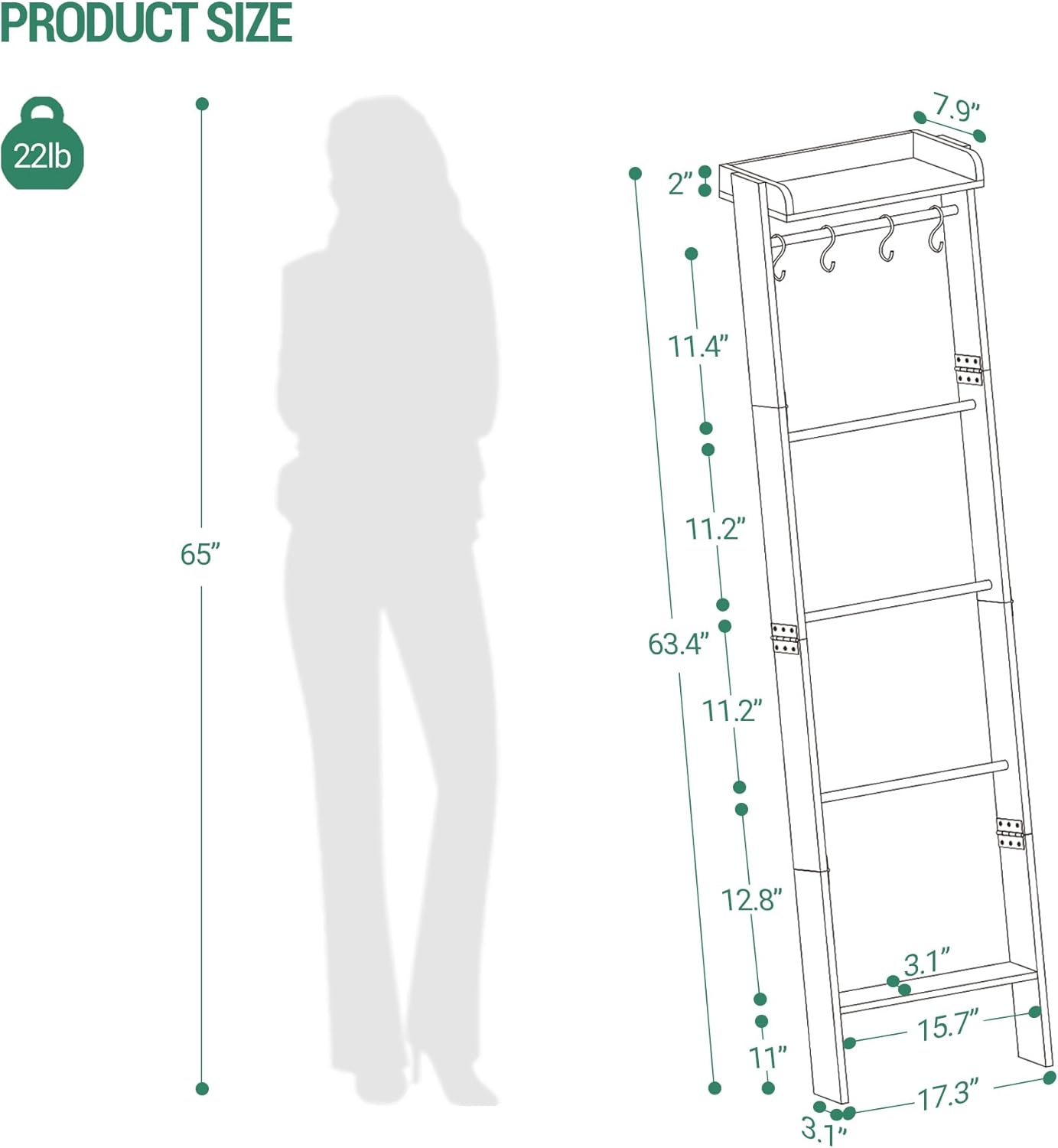 Blanket Ladder Shelf for Living Room, Decorative Quilt Rack with Storage Shelf, 6-Tier Farmhouse Ladder Holder Organizer with 4 Removable Hooks for Bedroom, Rustic Brown and Black BR35801B