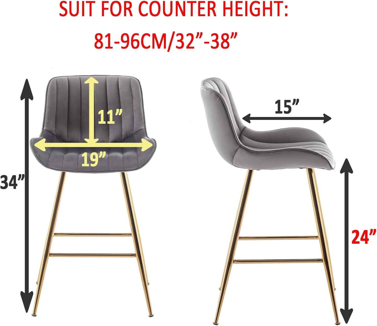 Sidanli Gold Bar Stools, 24” Velvet Barstools, Kitchen Chairs Set of 2 for Counter Height with Back and Footrest, Gray