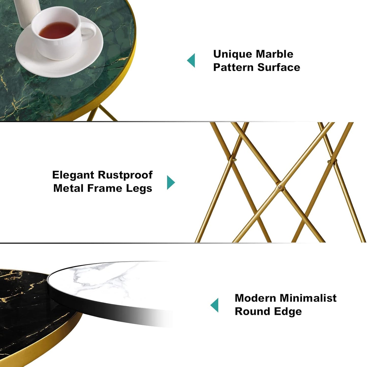 HLR Modern Round Side Table Set of 2, End Table with Marble Effect Top and Gold Metal Frame, Small Side Table for Living Room, Bedroom, Sofa and Couch, Gold Legs, Green Marble top