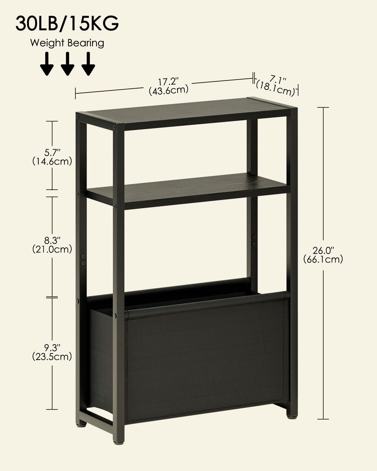 Narrow Side Table End Table, 3-Tier Side Table with Storage Bag, Narrow Nightstand for Small Spaces, Bedside Table for Living Room, Bedroom, Black