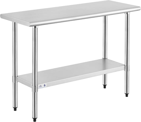 ROCKPOINT Stainless Steel Table for Prep & Work 18x48 Inches, NSF Metal Commercial Kitchen Heavy Duty Table with Adjustable Under Shelf and Table Foot for Restaurant, Home and Hotel