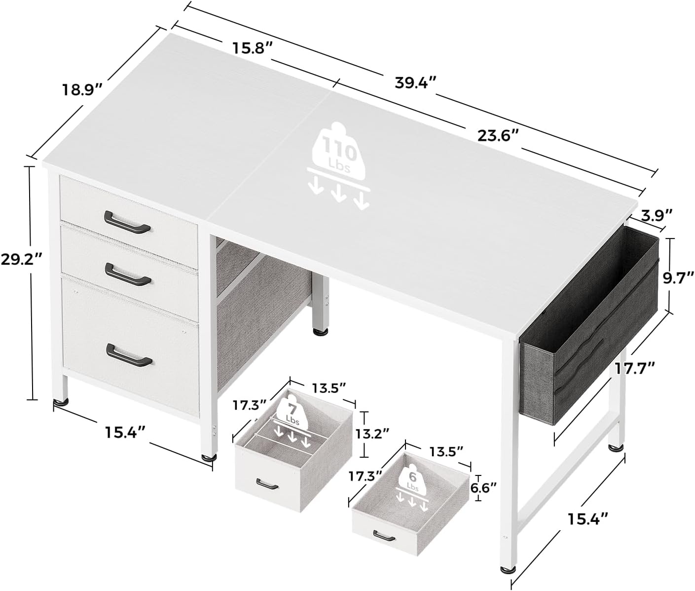 Casaottima 40 Inch Small Home Office Computer Desk for Bedroom with Fabric Drawers & File Cabinet, Cloth Storage Bag and Hook, Writing Study Work Desk for Small Space, Snow White