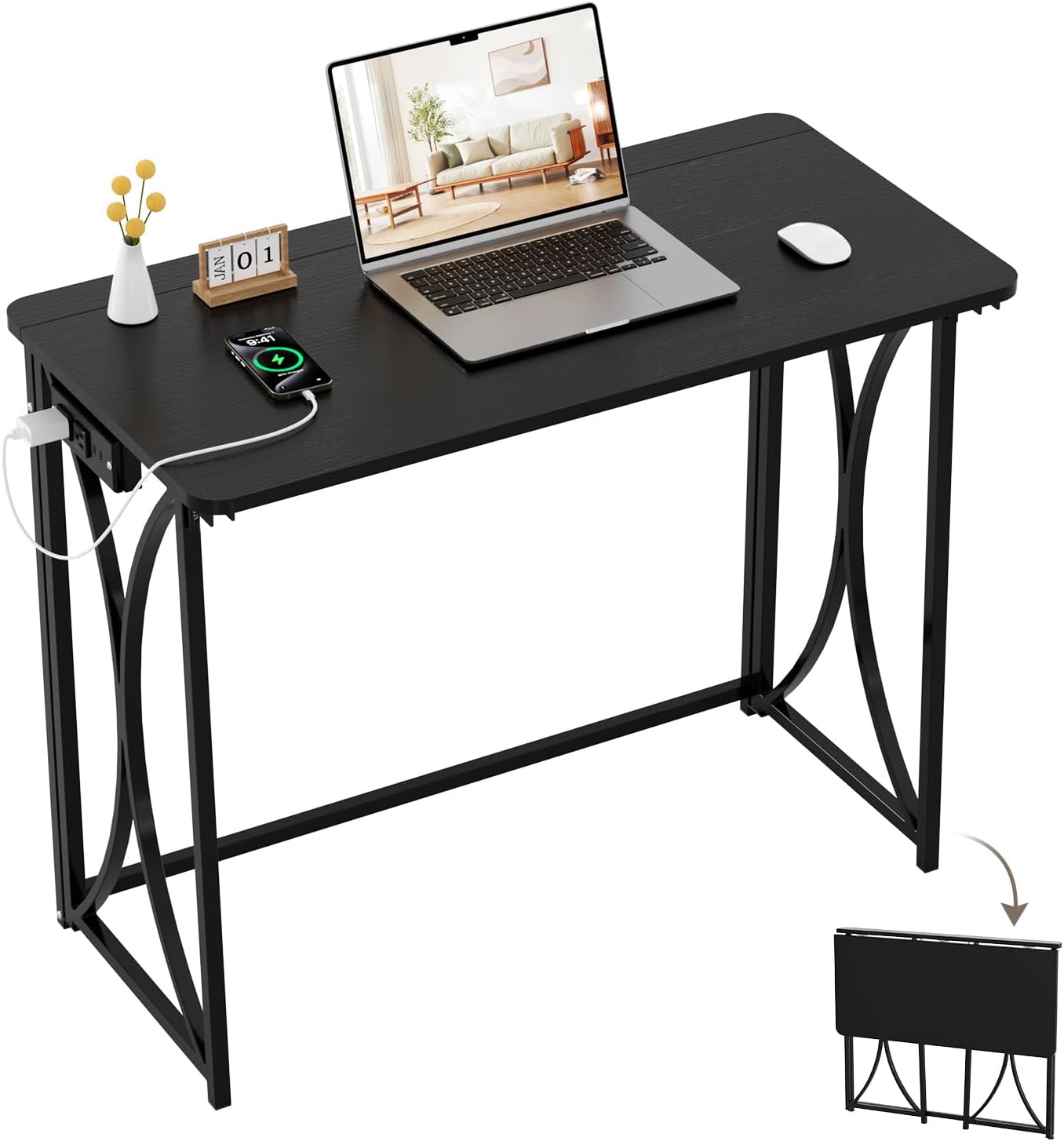 Folding Desk, 31.5" Small Desk for Bedroom with Power Outlet, Space Saving Foldable Computer Desk for Home Office, Easy Assembly, Black