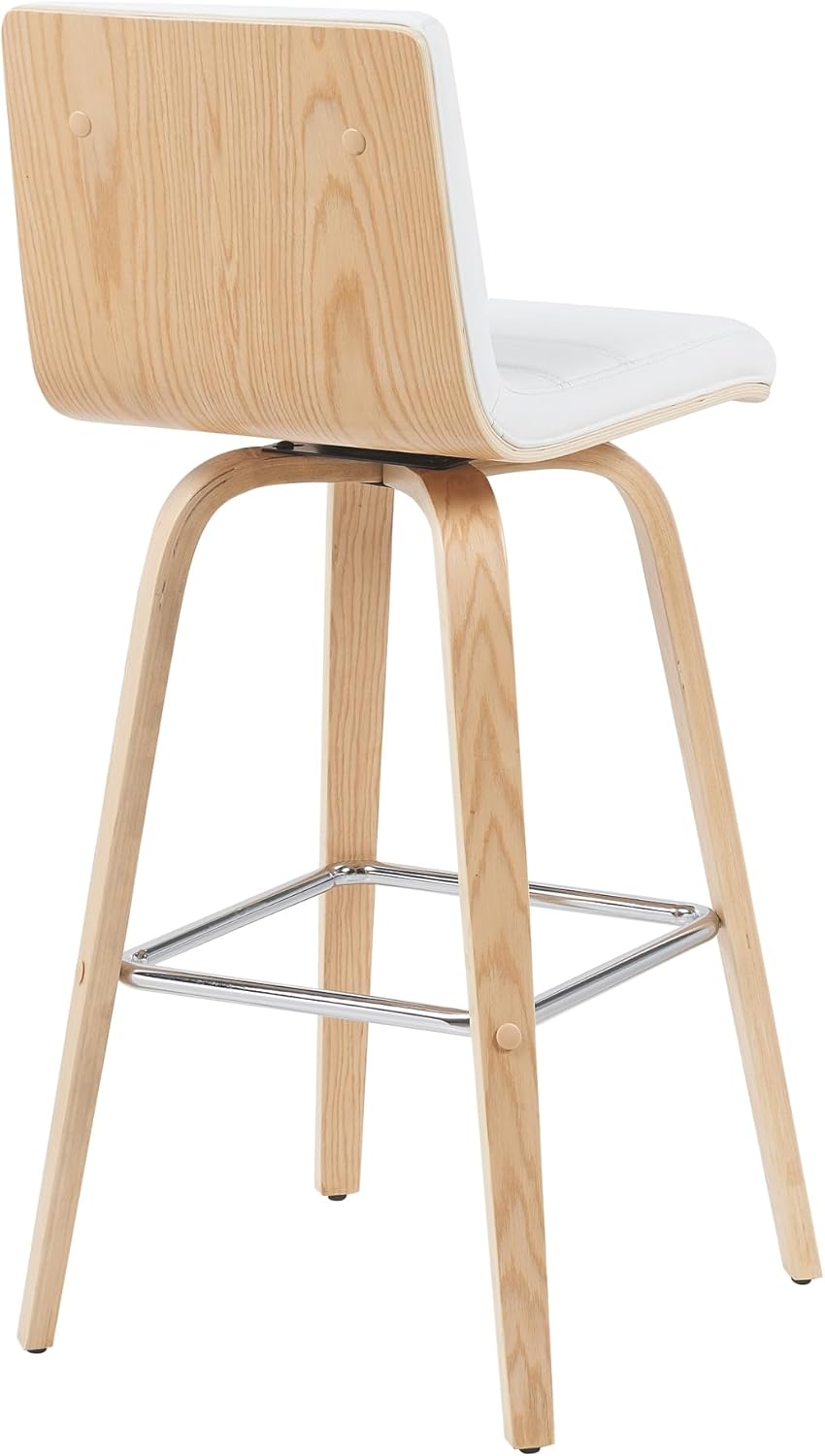 Vienna Modern Swivel Bar Height Stool with White Faux Leather Seat and Patterned Oak Wood Frame Set of 2