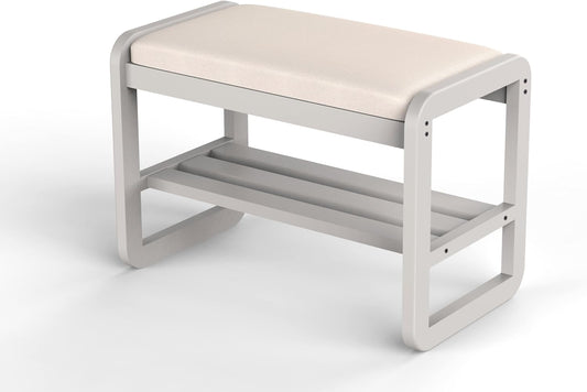 Solid Wood Shoe Rack, 2 Tier Shoe Storage Bench with Cushion Seat, 6 Pair Shoe Organizer for Entryway, Small, White, 24 Inch
