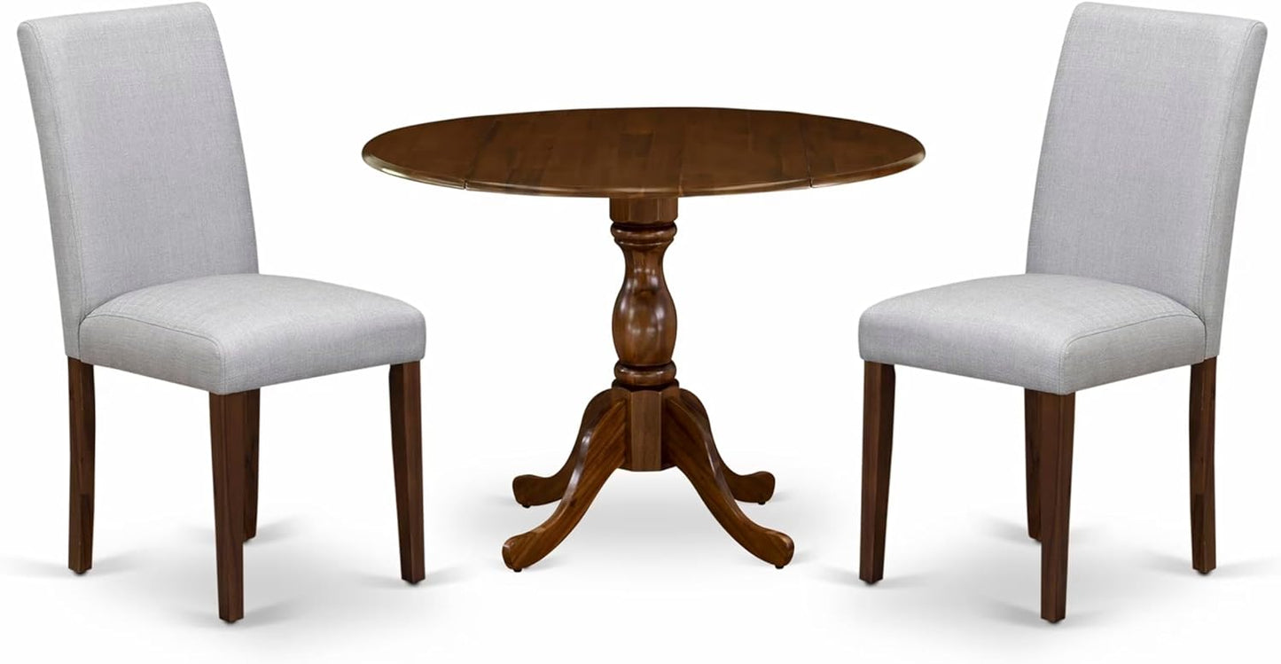East West Furniture DMAB3-AWA-05 3 Piece Dinette Set for Small Spaces Contains a Round Dining Table with Dropleaf and 2 Grey Linen Fabric Parson Dining Chairs, 42x42 Inch, Walnut