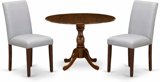 East West Furniture DMAB3-AWA-05 3 Piece Dinette Set for Small Spaces Contains a Round Dining Table with Dropleaf and 2 Grey Linen Fabric Parson Dining Chairs, 42x42 Inch, Walnut