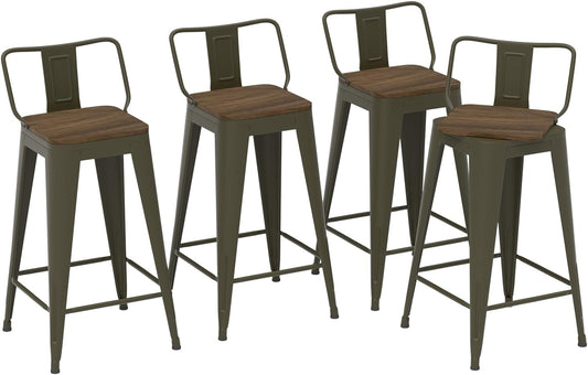24 Inch Swivel Bar Stools Set of 4, Counter Height Bar Stools with Low Back, Metal Industrial Bar Chairs for Kitchen Island (Rusty)