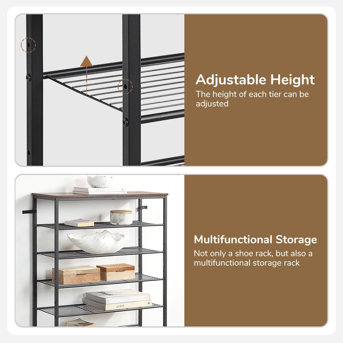 8-Tier Shoe Rack Organizer, Metal Mesh Shoe Storage Shelf, for Entryway, Hallway, Closet, Dorm Room, Industrial, Rustic Brown