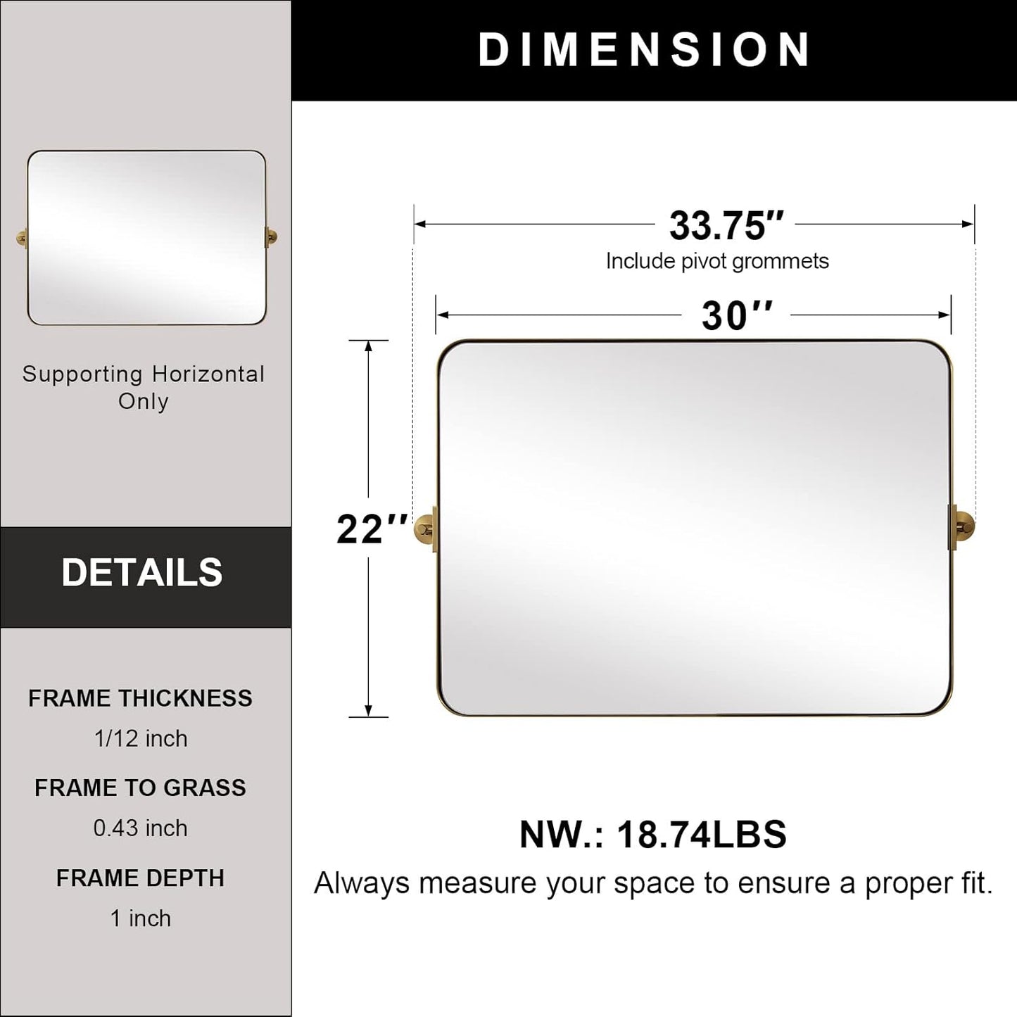 MOON MIRROR 30" x 22" Brushed Gold Rectangle Bathroom Mirror, Tilting Rounded Rectangular Metal Framed Pivot Wall Mirror, Hangs Horizontally Only(Overall 33.75" x 22")