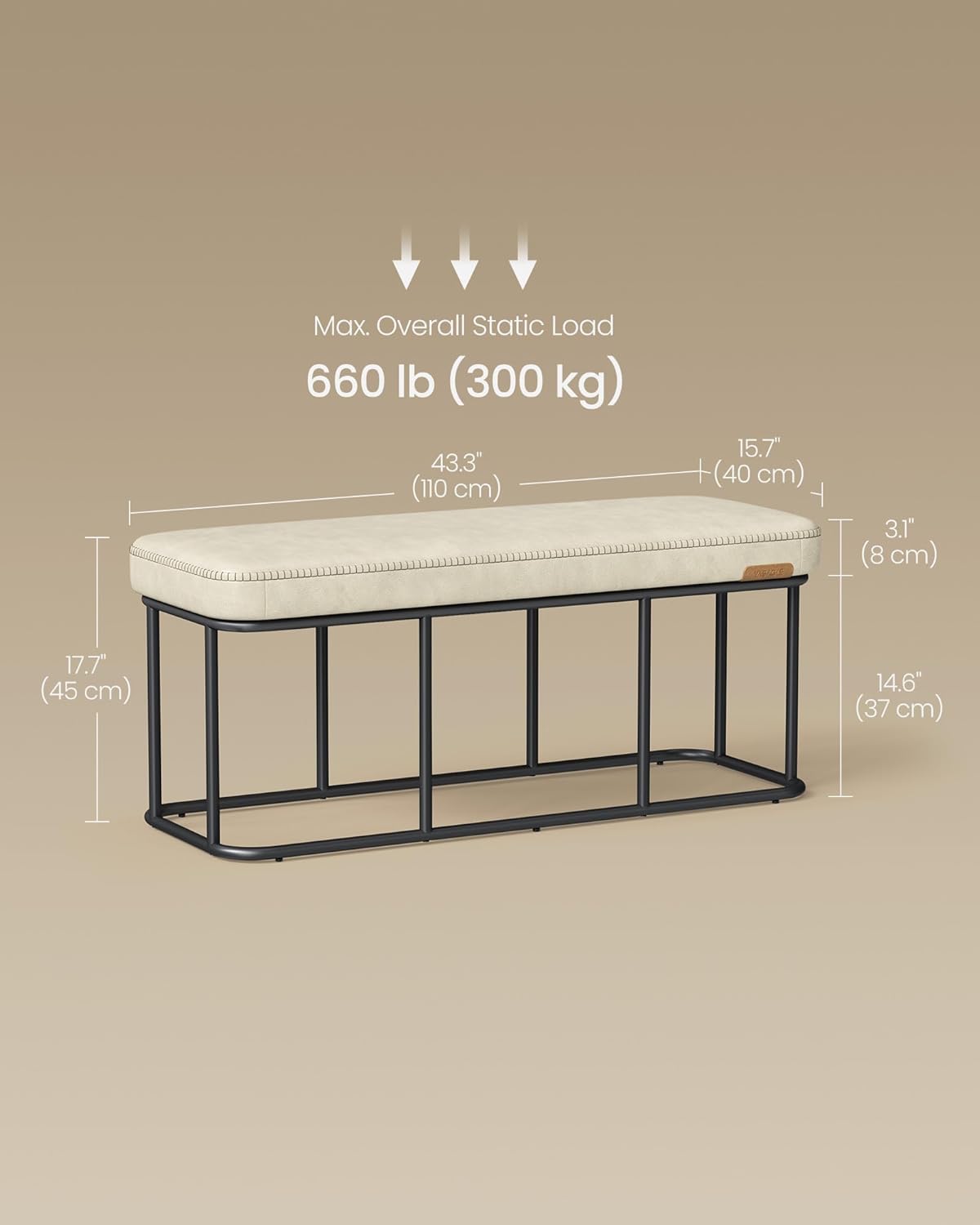 VASAGLE EKHO Collection - Storage Bench for Entryway, Ottoman Bench with Steel Frame, 43.3-Inch Wide, Synthetic Leather, Living Dining Room, Mid-Century Modern, Loads 660 lb, Cream White ULOM085W02
