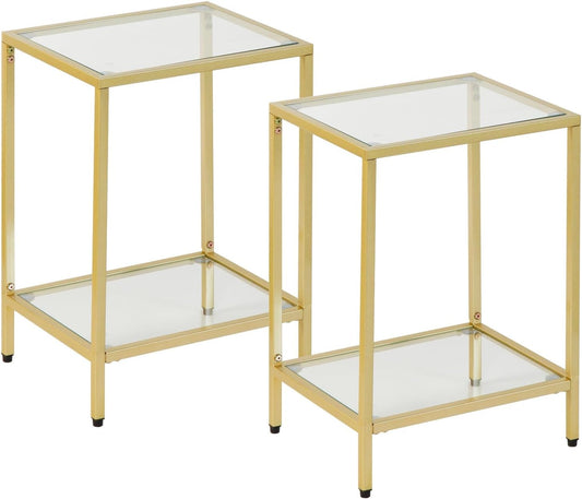 Modern 2-Tier Tempered Glass End Table - Stylish Black Metal Side Table for Small Spaces, Perfect for Living Room & Bedroom (Gold, 2PCS)