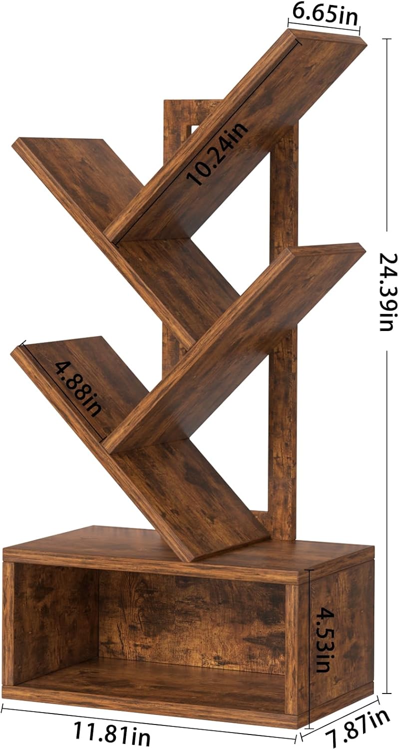 Small Tree Book Shelf,5 Tier Black Tree Bookshelf,Brown Desktop Bookcase,Modern Desk Display Storage Bookshelves,Floor Standing Organizer Bookcases for Living Room,Bedroom,Office-White-Brown