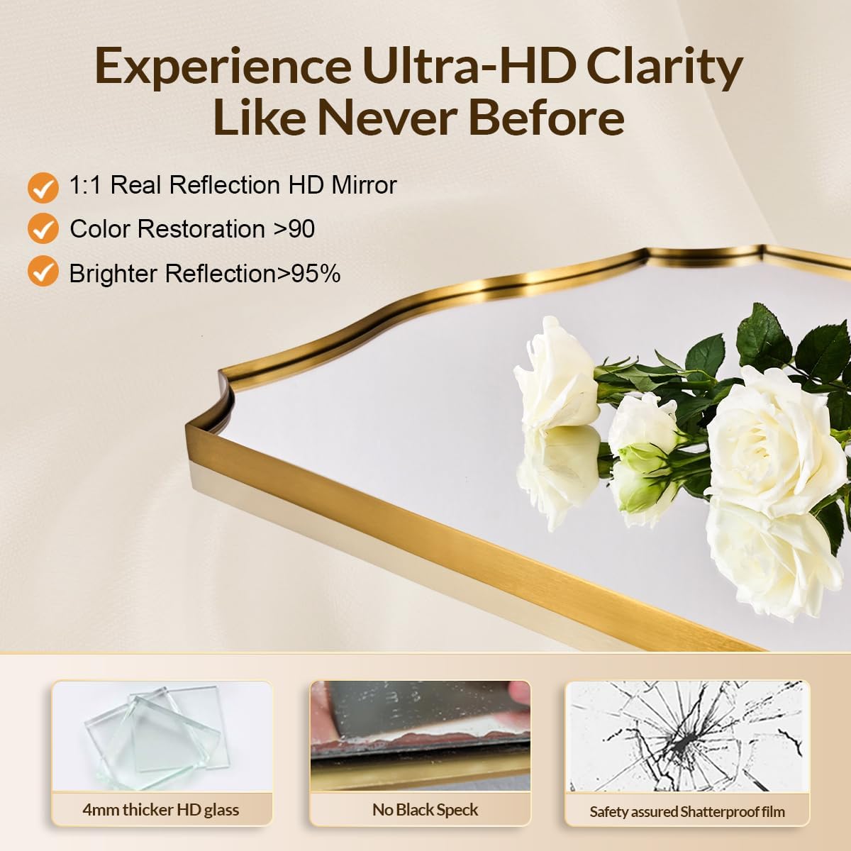 24x32 Gold Mirror, Brushed Gold Scalloped Mirror for Bathroom in Premium Stainless Steel Metal Thin Frame Deep 1", Antique Brass Irregular Wall Mirror Hangs Horizontal or Vertical