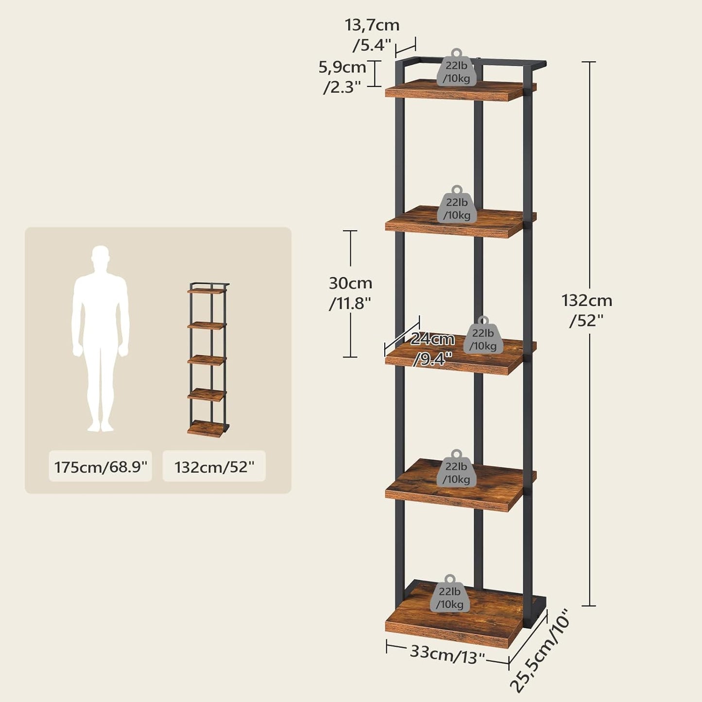 Bookshelf, 5-Tier Bookcase, Vertical Tall Narrow Book Shelf for Small Space, Open Storage Display Shelf with Stable Base & Anti-Tip Kits, for Living Room, Study, Rustic Brown BKHR11501