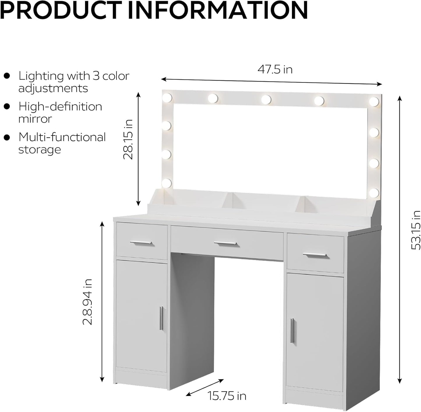 47.5” Vanity Desk with Large Mirror, 3 Colour Lighting Modes, Adjustable Brightness, Dresser with 3 Drawers & 2 Vertical Cabinets, Makeup Vanity Table for Women Girls