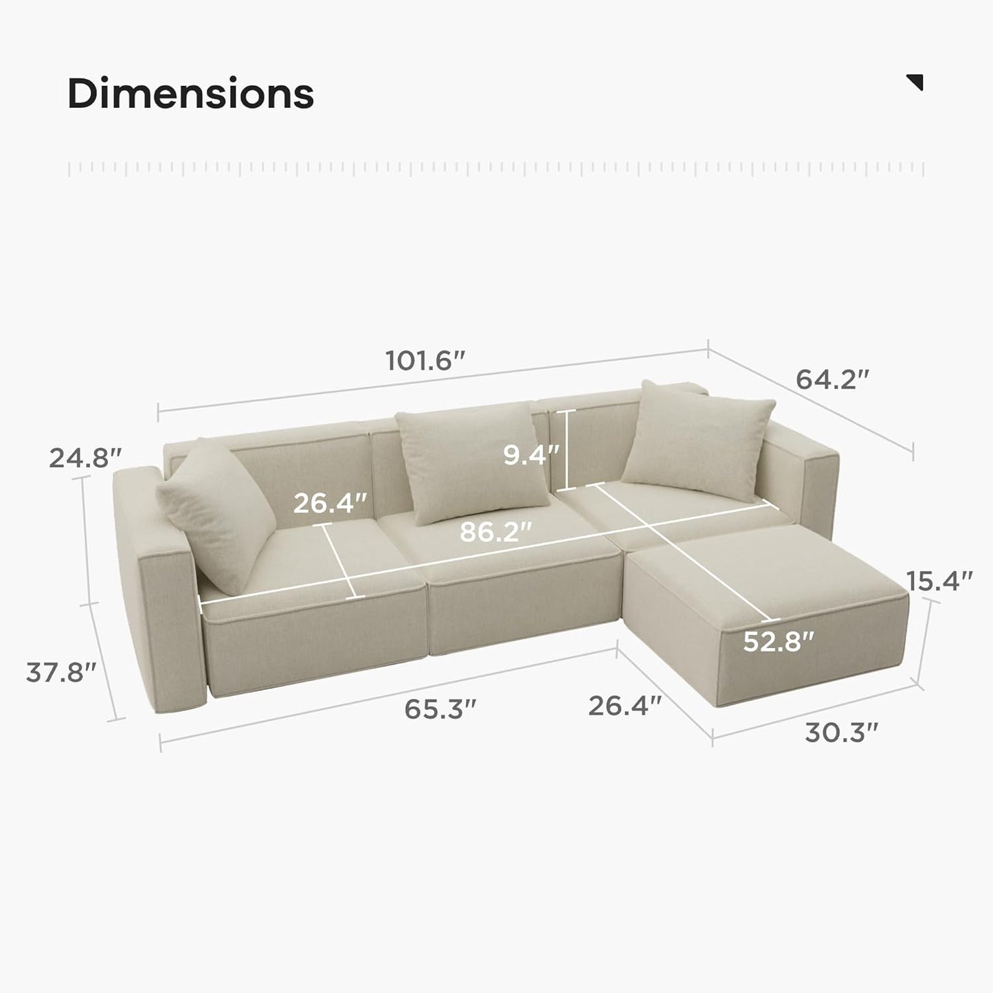 Acanva Luxury Modular Sectional Living Room Sofa Set, Modern Minimalist Style Couch with Ottoman and Chaise, L-Shape, Linen-Like Cream