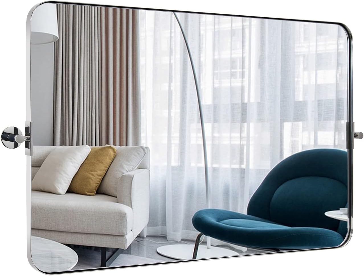 MOON MIRROR 36" x 24" Brushed Nickel Rectangle Bathroom Mirror, Tilting Rounded Rectangular Metal Framed Pivot Wall Mirror, Hangs Horizontally Only(Overall 39.75" x 22")