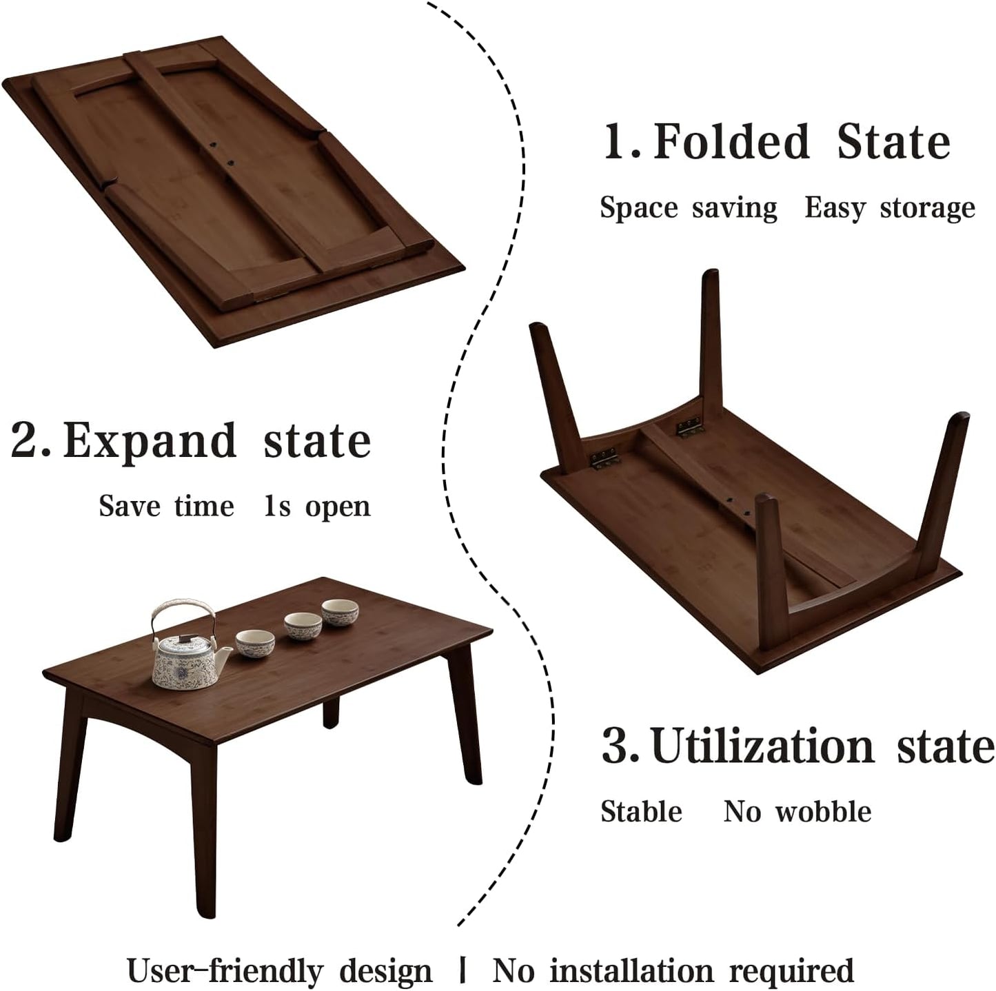Japanese Floor Table No Assembly Required Bamboo Folding Walnut Coffee Table Bedroom 26x15.8x11.8in Furniture Low Tea Table for Sitting on The Floor Chestnut Large