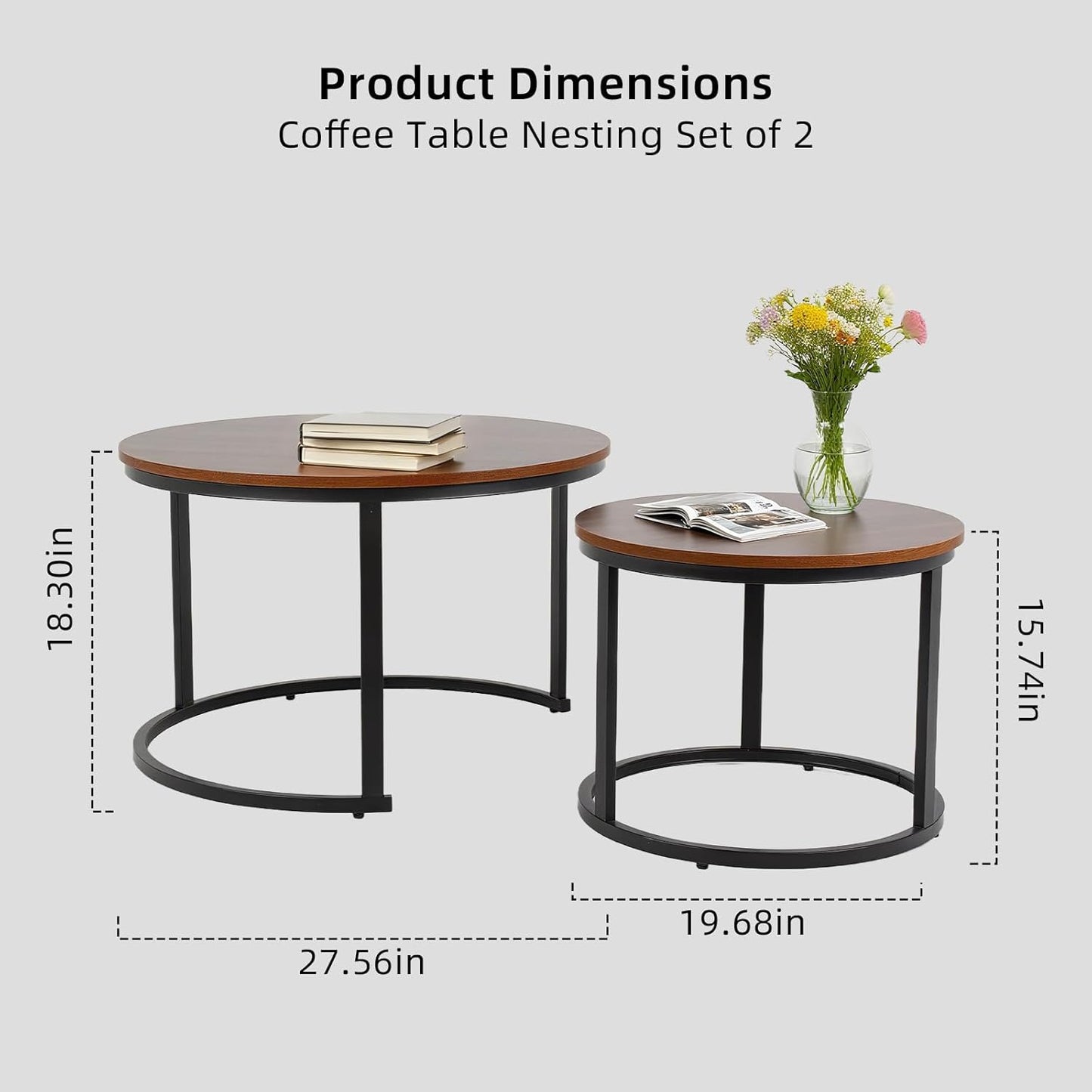 FAHKNS Nesting Coffee Table Set of 2, 27.56" & 19.68" Round Simple Industrial Side Tables for Living Room with Wood Top & Metal Base, Space-Saving Furniture for Small Spaces