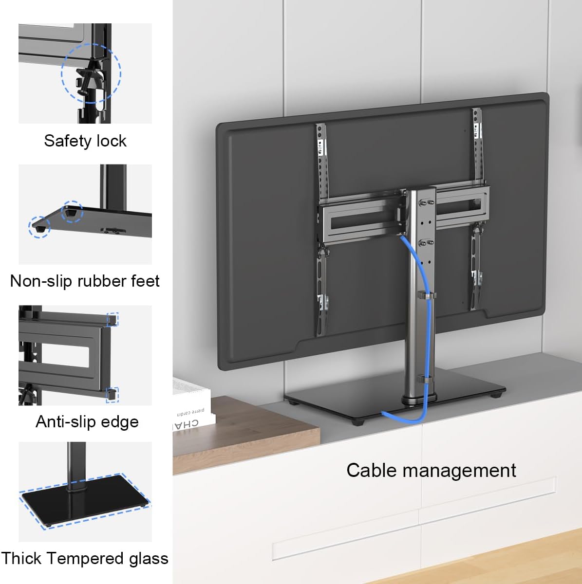 suptek Universal Swivel Table Top TV Stand for 26-55 inch LED OLED Flat Curved Screens, Height Adjustable TV Mount Stand with Glass Base Hold up to 99lbs, Max VESA 400x400mm,TS202