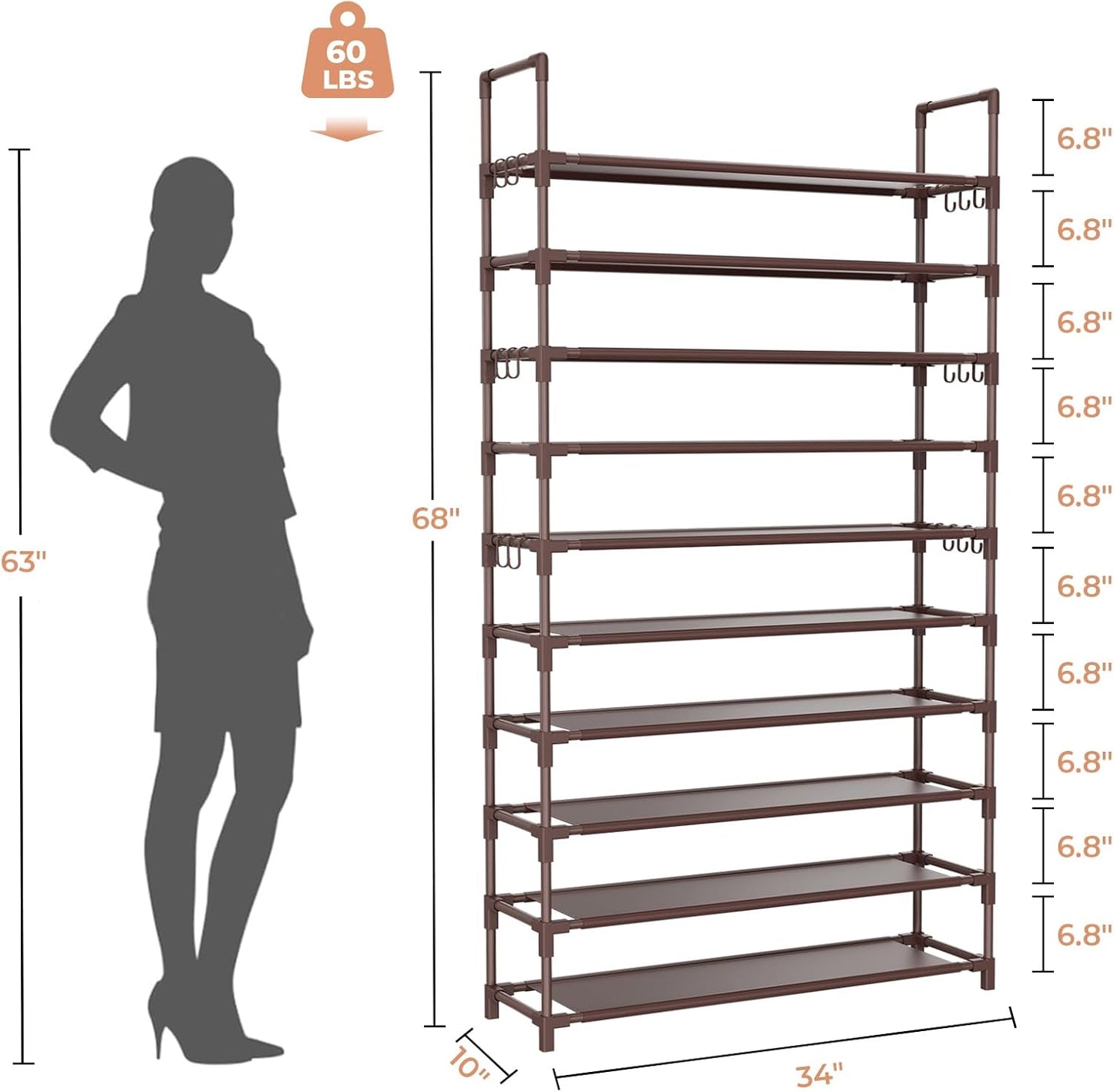 Tall Shoe Rack 10 Tier Shoe Organizer Large Shoe Shelf with 18 Hooks Storage for 50 Pair Sneaker and Boot, Stackable Vertical Shoe Rack Organizer for Closet, Entryway, Bedroom, Brown