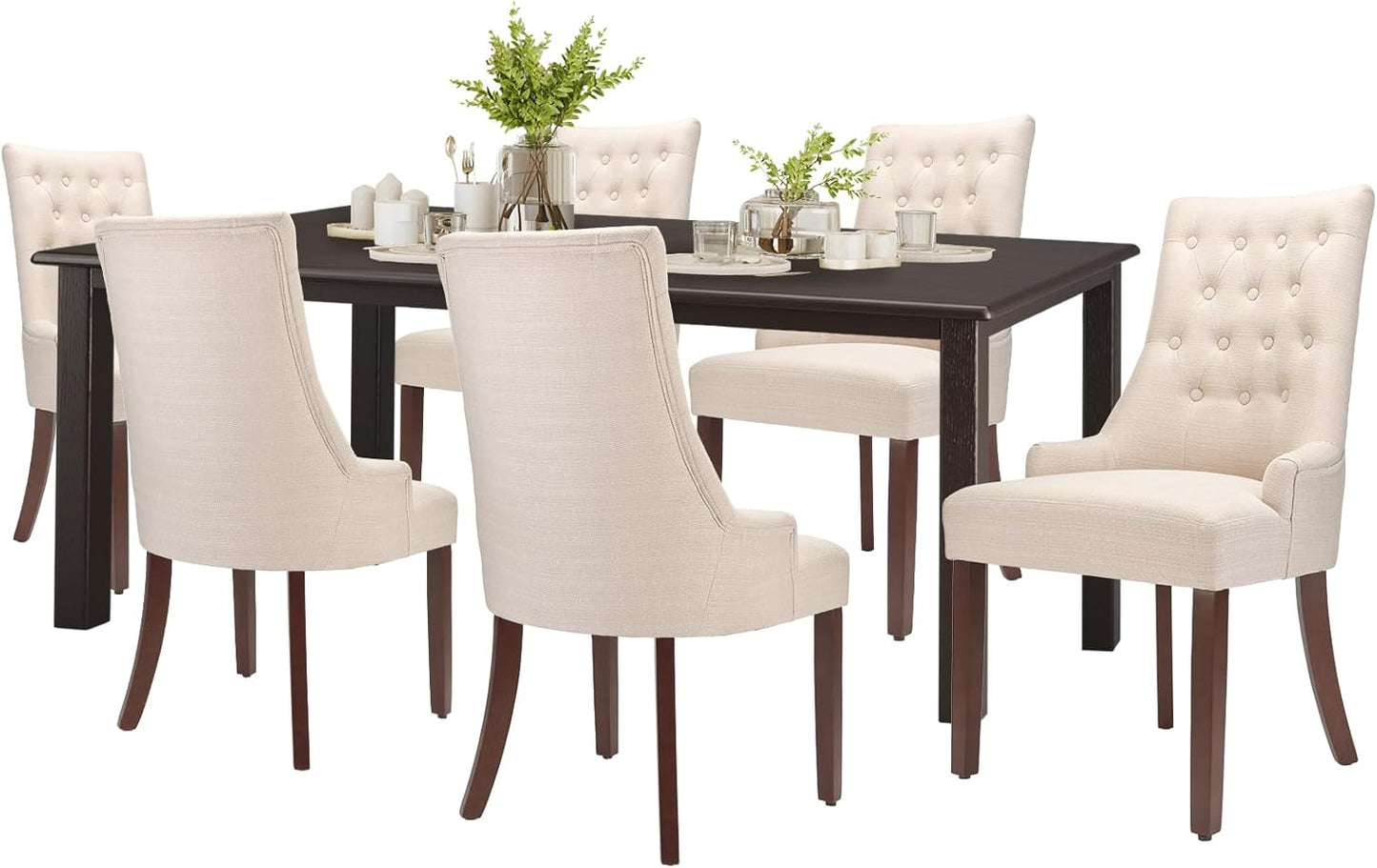 COLAMY 7-Piece Dining Table Set for 6, 60" Rectangular Kitchen Wood Table with 6 Wingback Dining Room Chairs, Brown/Beige