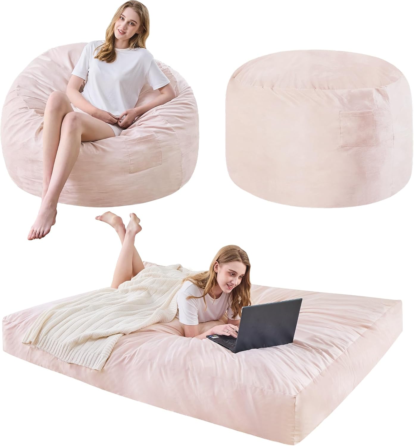 Bean Bag Chairs for Adults - Giant Bean Bag Chair Convertible Bean Bag Bed - Beanbag Chair with Micro Fiber Cover/Furniture Foam Filler - Floor Couch Sofa in Bedroom Dorm Room - Full Pink