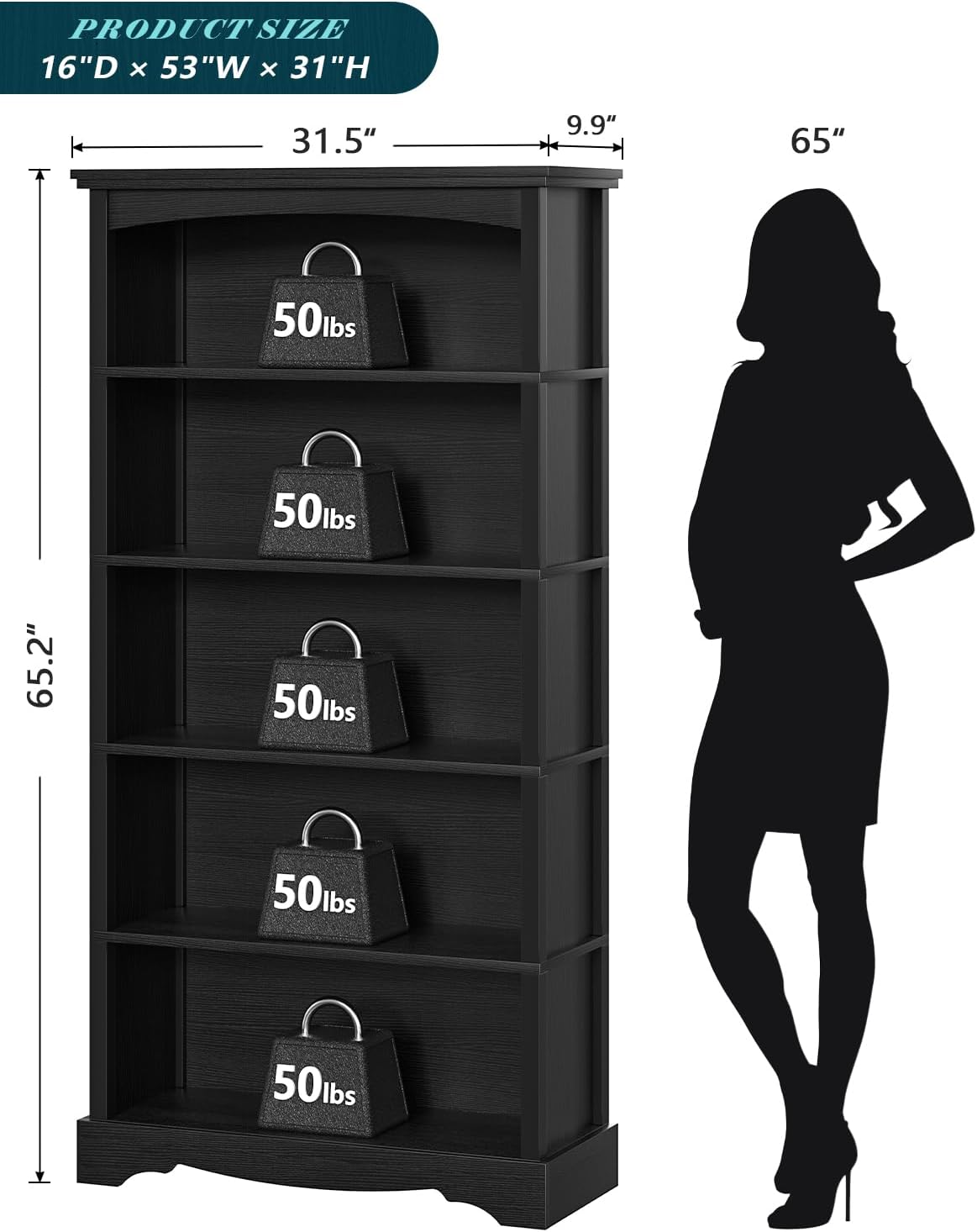 TVU 5 Tier Bookcase and Bookshelf, Wood 65 Inch Tall Bookshelf with Storage, Floor Standing Display Book Shelf for Living Room, Office, Study Room, Entryway, Black