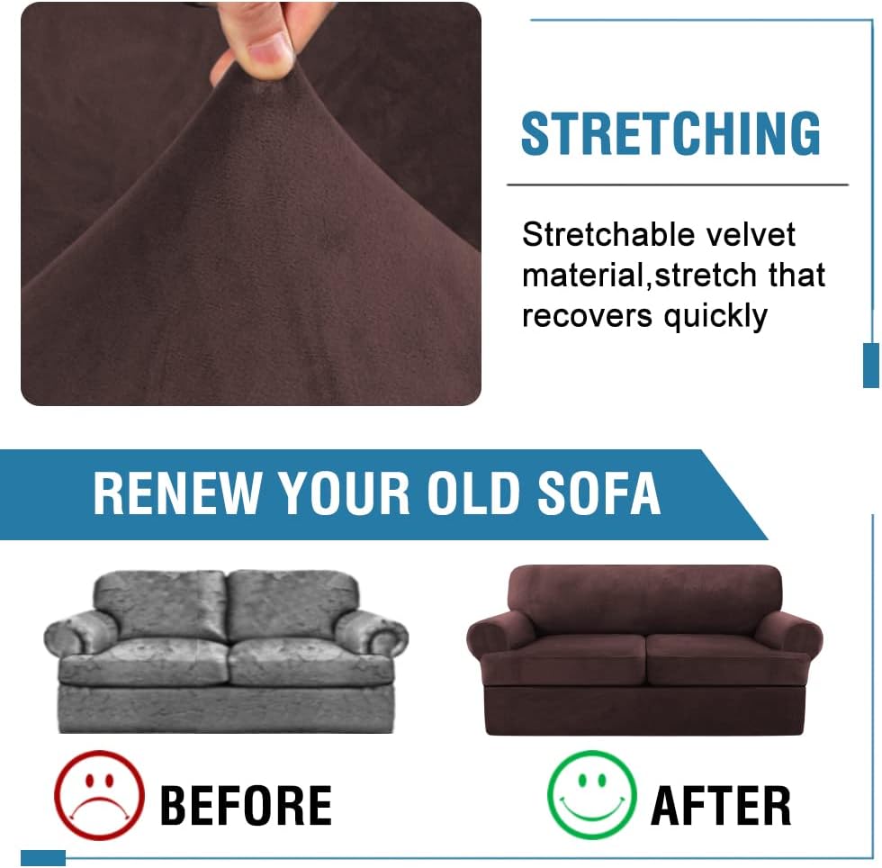 H.VERSAILTEX Sofa Cover 3 Piece T Cushion Loveseat Slipcovers Thick Velvet Couch Cover Furniture Protector Stretch T Cushion Sofa Covers for 2 Cushion Couch with 2 T Cushion Covers Washable, Brown