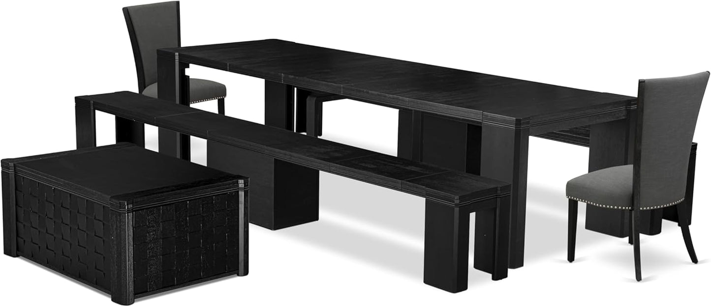 X02VE-2C6-50 - 6-pc Dining Table Set a Kitchen Table with a coffee Table and 2 wooden Benches and 2 Dark Gotham Grey Linen Fabric Chairs, 39x120 Inch, Wire Brushed Black