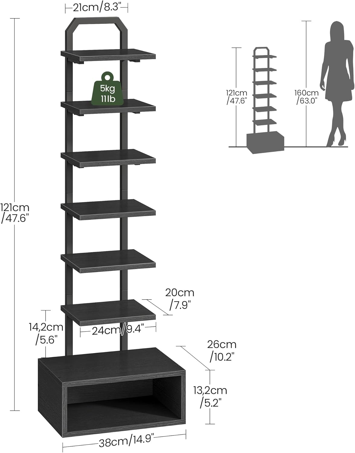 8-Tier Bookshelf, LED Bookcase with Semi-Open Bottom, Small Space Standing Shelf with Lights, Corner Storage Stand, for Living Room, Home Office, Bedroom, Black TSJ08DBB