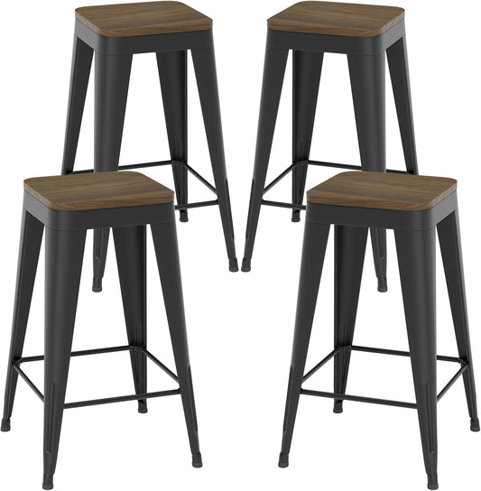 26 inch Backless Bar Stools Set of 4, Indoor Metal Bar Stools with Wood Seat, Industrial Counter Height Barstools for Kitchen Island, Black