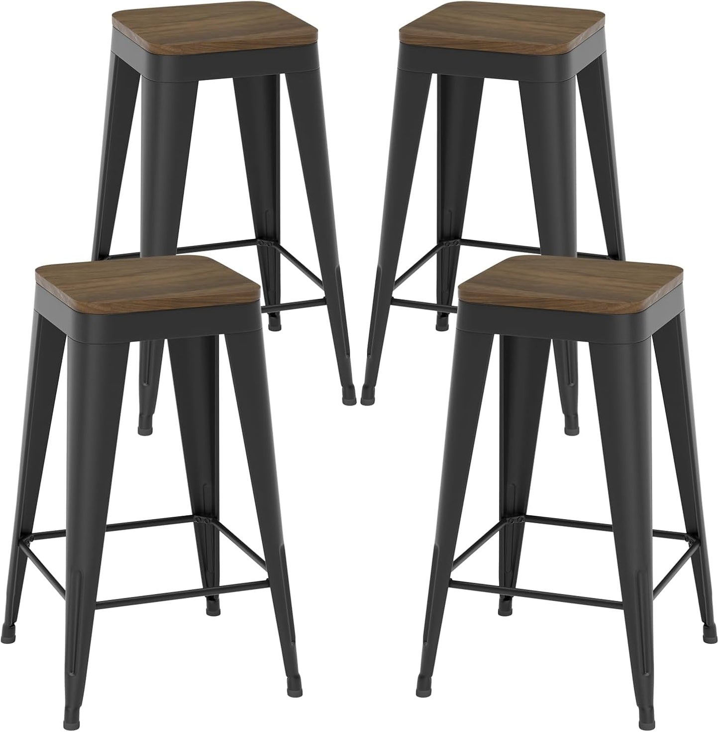 30 inch Backless Bar Stools Set of 4, Indoor Metal Bar Stools with Wood Seat, Industrial Counter Height Barstools for Kitchen Island, Black